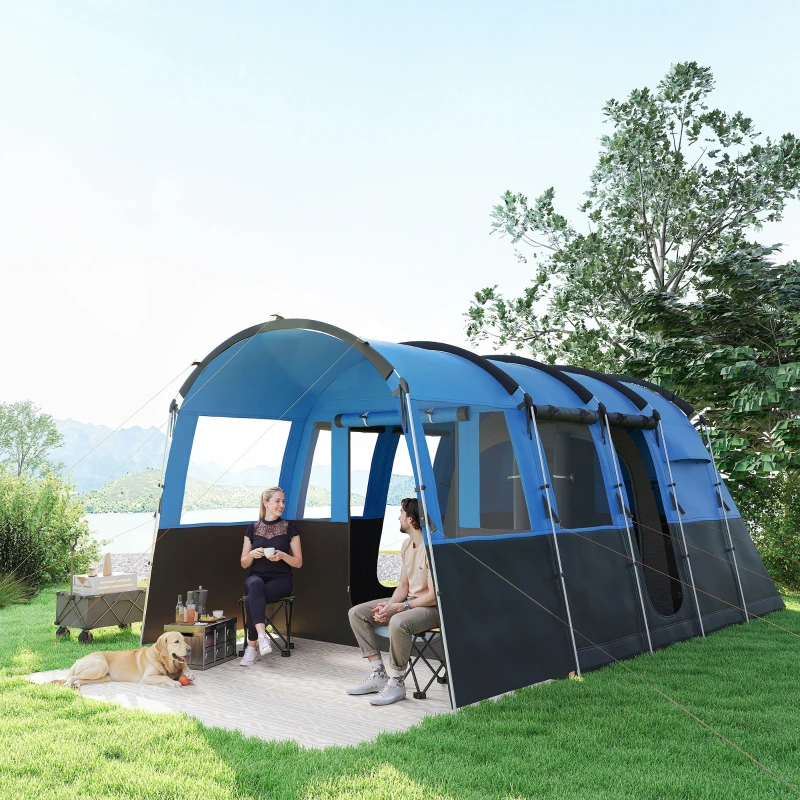 Outsunny 4 Person Camping Tent, Waterproof Family Tent, Tunnel Design, 4 Large Windows, Sleeping Cabins 3000mm Water Column Blue