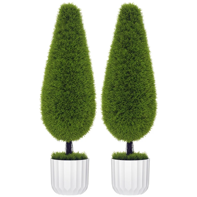 HOMCOM Set van 2 kunstplanten inclusief plantenbak en kunstmos; kunstcipres, wit en groen