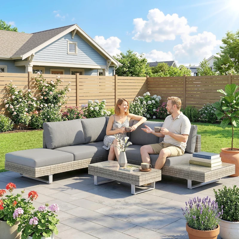 Outsunny Conjunto de Jardín Exterior de Ratán de 3 Piezas con Sofá Modular de 3 y 2 Plazas Mesa Lateral Mesa de Centro Cojines