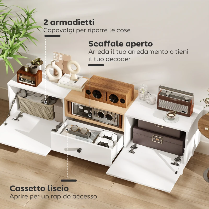 HOMCOM Mobile TV 70" max con 2 Ante a Ribalta, Cassetto e Scaffale Aperto, in Legno, 150x35x45 cm, Bianco e color Legno