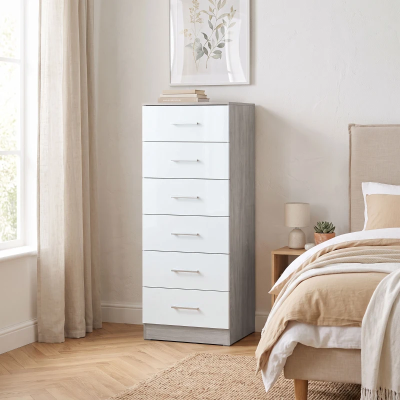 HOMCOM Comodă cu 6 sertare Comodă înaltă pentru dormitor cu sistem anti-răsturnare 40x40x110 cm Gri deschis și Alb