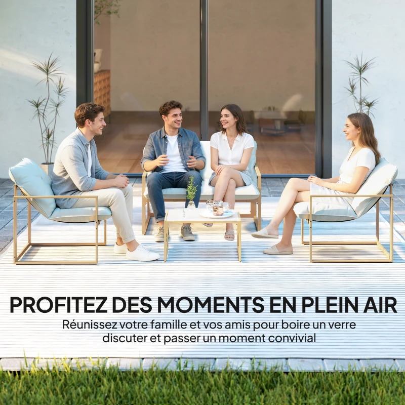 Outsunny Salon de jardin extérieur 4 pièces avec coussins ultra-épais 15cm canapé 2 places avec table basse et 2 fauteuils kaki