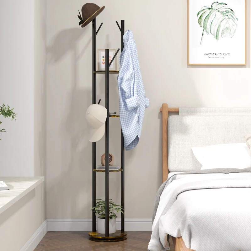 HOMCOM Appendiabiti da Terra Girevole con 8 Ganci e 4 Mensole in Stile Industriale, Ø30x175cm, Marrone