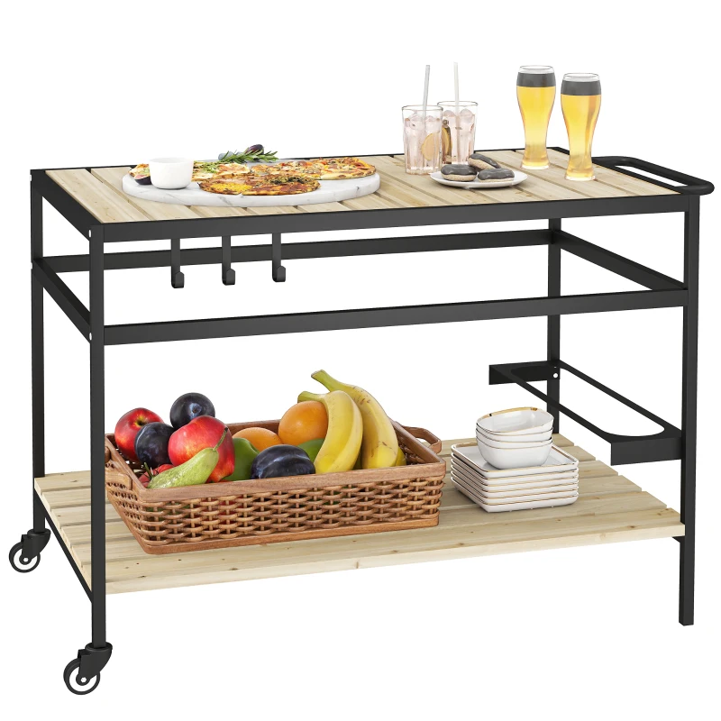 Outsunny serveerwagen, barbecuewagen met 2 planken en haken voor tuin en balkon