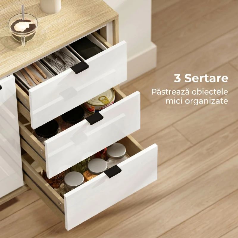 HOMCOM Bufet Modern cu 3 Sertare și Dulap, Raft Interior Reglabil și Uși Lucioase, Alb și Stejar