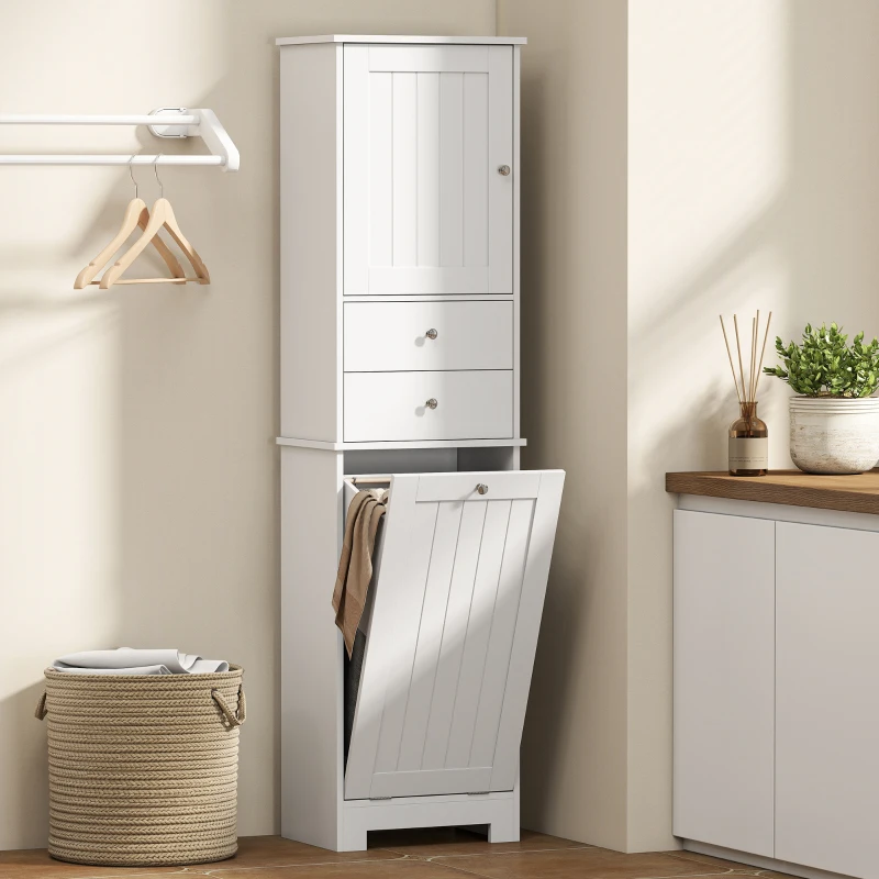 HOMCOM Mobile Bagno con Cesto per Biancheria Pieghevole, Armadietto e 2 Cassetti, in Legno, 45x30x171 cm, Bianco