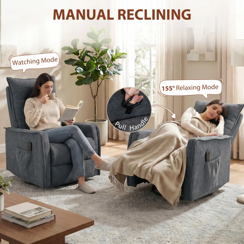 HOMCOM Recliner Armchair, Chenille Recliner Chair with Massage and Heat, 360° Swivel Rocking Manual Recliner, Dark Grey