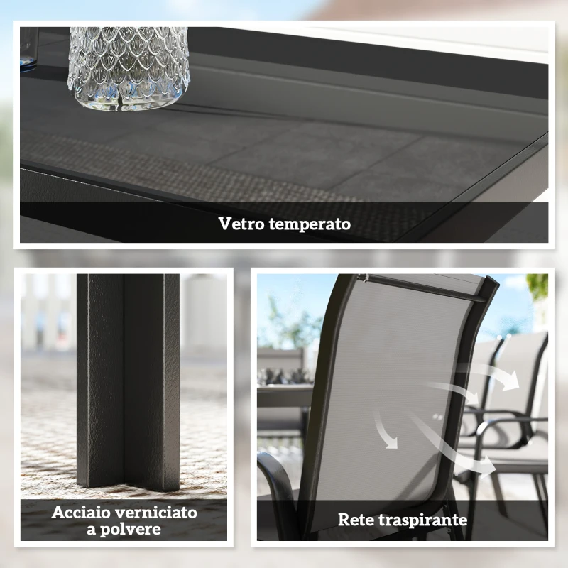Outsunny Set da Esterno 9pz con 8 Sedie Impilabili in Texteline e Tavolino da Caffè con Piano in Vetro, Grigio Chiaro