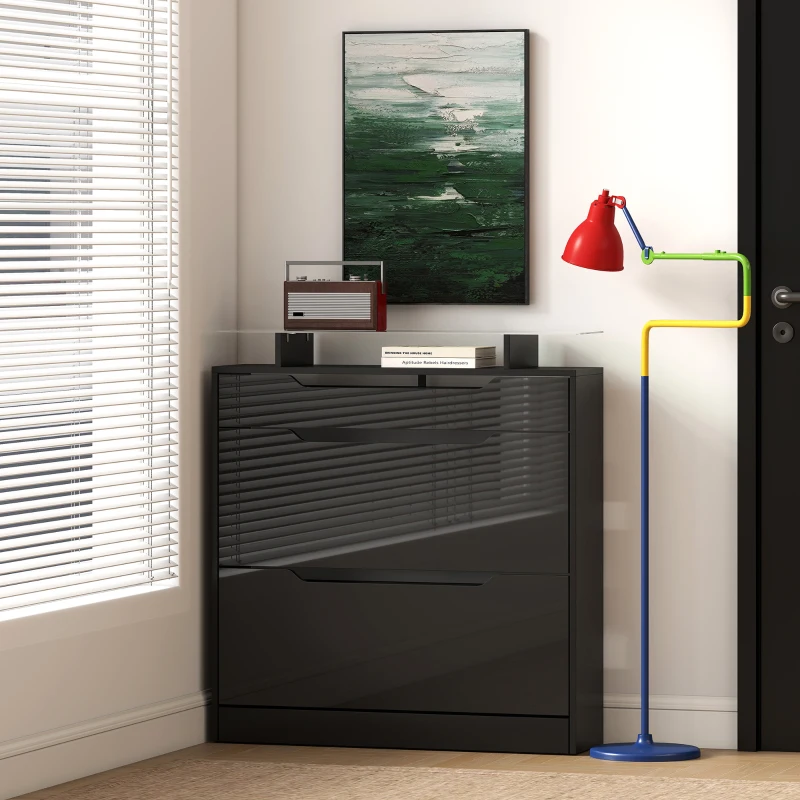 HOMCOM Armoire à Chaussures, 2 Tiroirs Rabattables, 1 Tiroir Coulissant, 1 Comptoir, 89x23x96cm, Noir