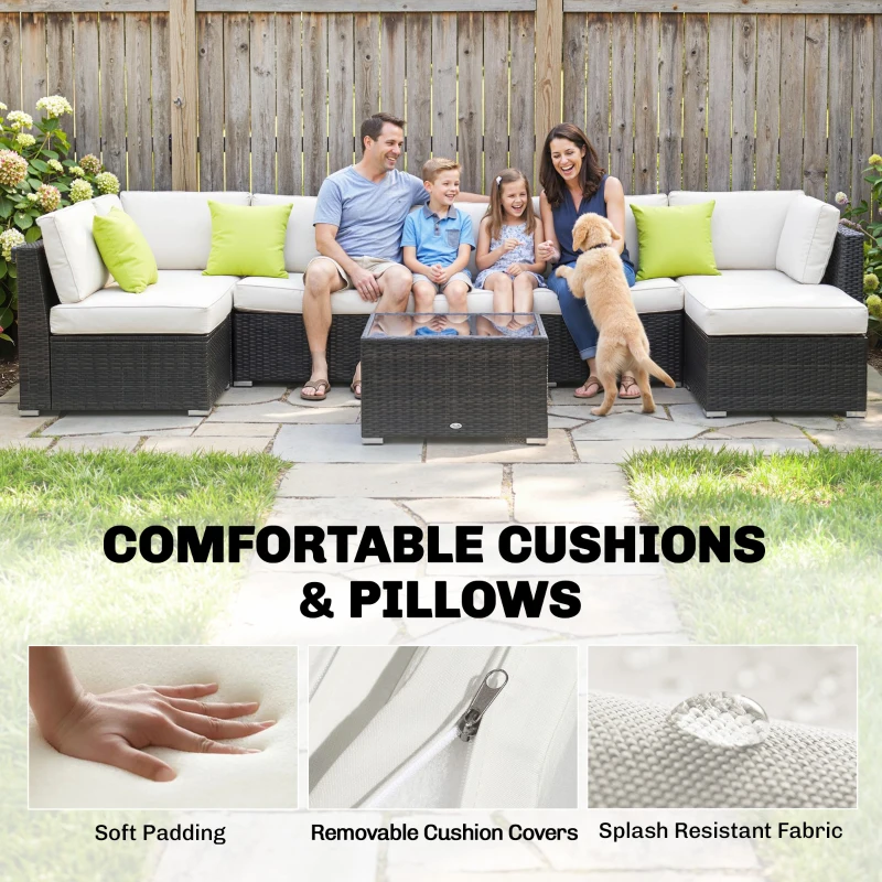 Outsunny 7-Seater PE Rattan Corner Sofa Set, Garden Furniture Set, Patio Wicker Sofa Seater w/ Cushion, Washable Cushion Cover & Tempered Glass Table, Brown