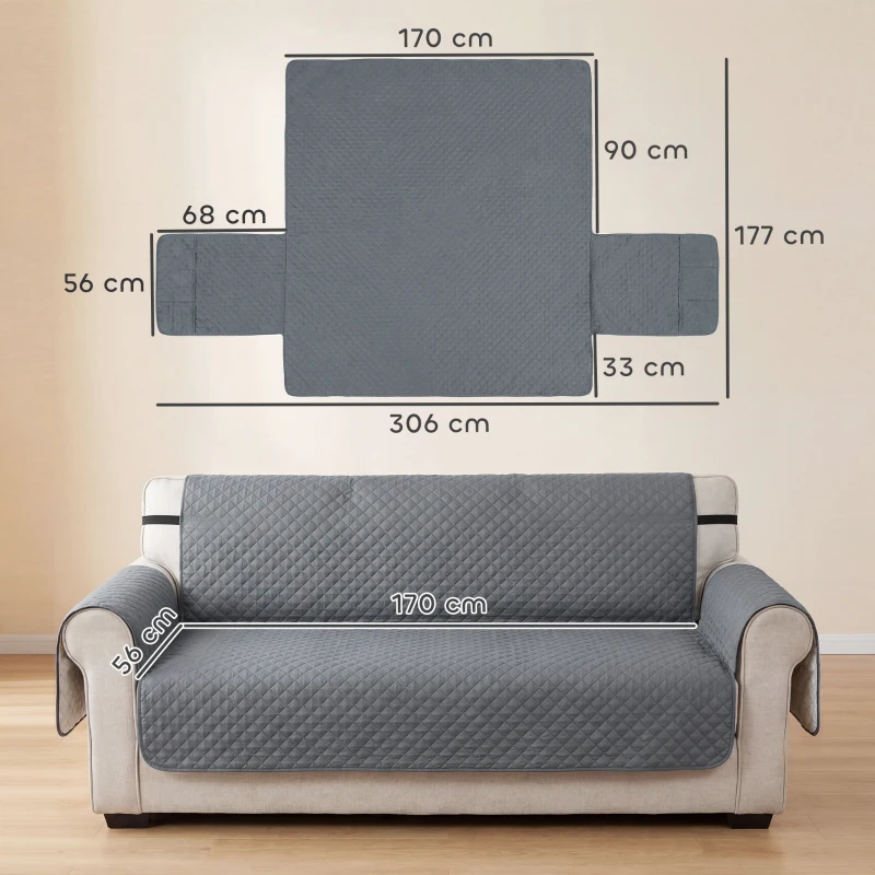 PawHut Housse de Canapé Protecteur de Meubles 3 Places Imperméable Anti-glisse avec Poches de Rangement Gris
