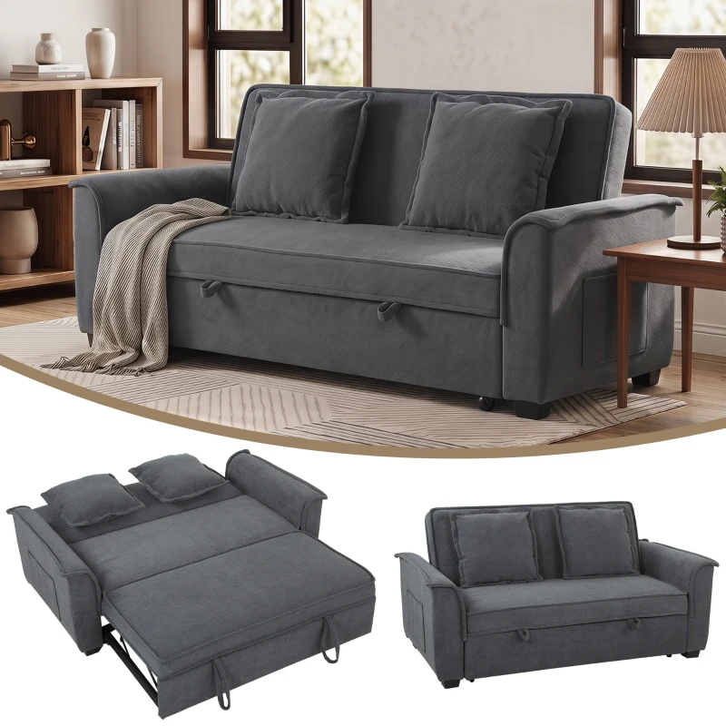 HOMCOM Canapé convertible 2 places, canapé-lit clic-clac en chenille, dossier réglable, 2 coussins, poche latérale, gris