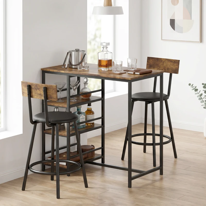 HOMCOM Space Saving Bar Table and PU Leather Stools for 2, 3 Piece Breakfast Bar Table Set with Storage Shelves, Rustic Brown