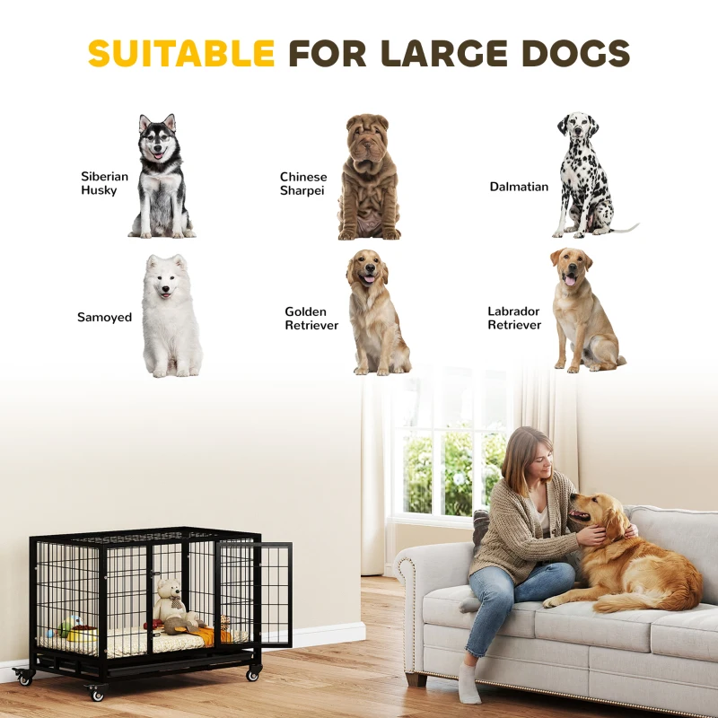 PawHut 36" Heavy Duty Metal Dog Crate Pet Cage with Tray Wheeled Dog Kennel - Black (Medium)