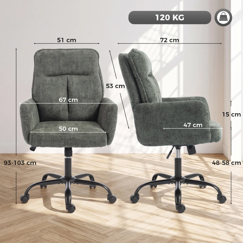 HOMCOM Scaun Birou Ergonomic, Scaun de Birou cu Înălțime Reglabilă, Șezut Lat, Funcție de Balans, Verde Închis
