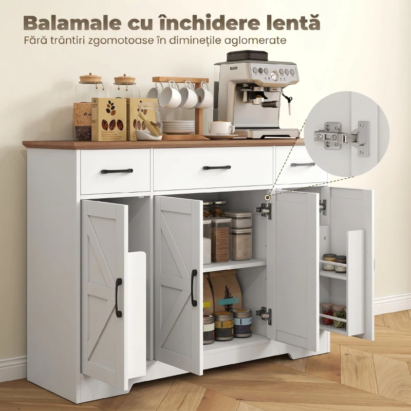 HOMCOM Bufet Bucătărie Rustic, Bufet cu Uși Soft-Close, 3 Sertare, 3 Rafturi Reglabile, Portaspecii, PAL, MDF, Alb