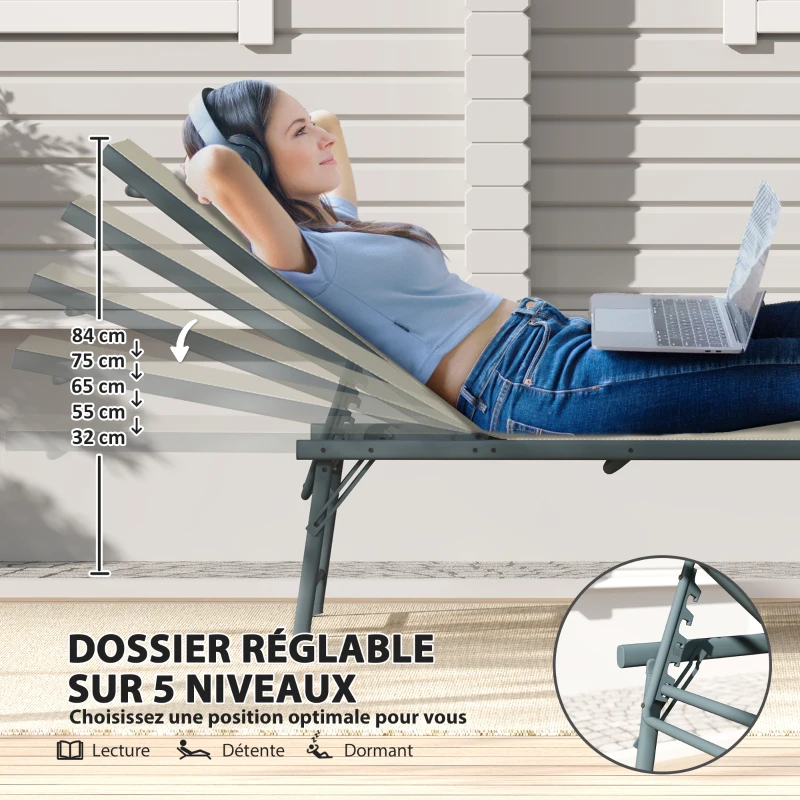 Outsunny Lot de 2 bain de soleil chaise longue pliante textilène transat jardin extérieur inclinable 54 x 164 x 84 cm crème