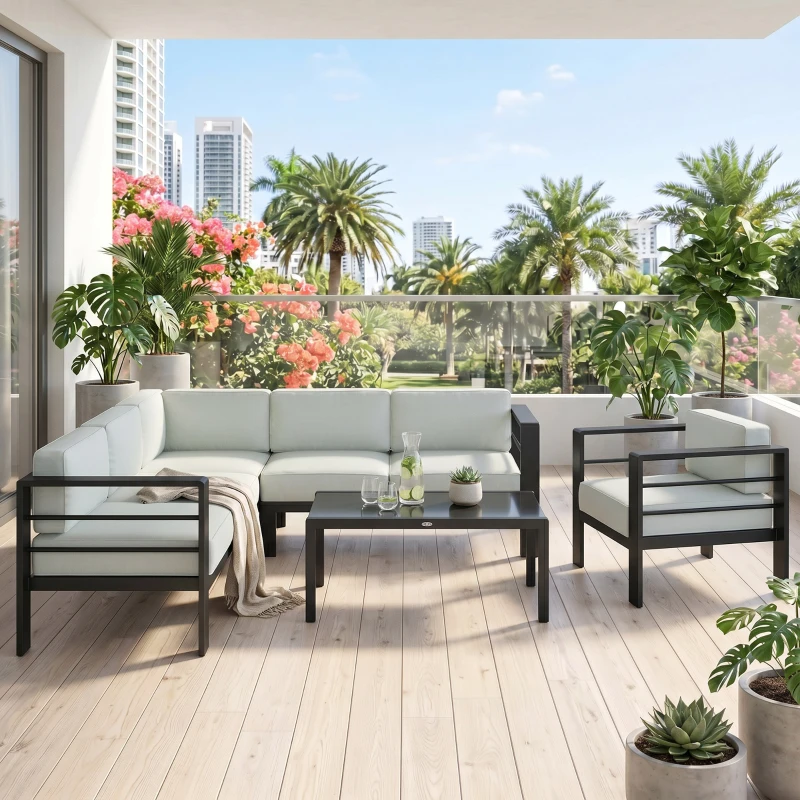 Outsunny 5-Piece Garden Corner Sofa Set with Cushions, 6 Seater Aluminium Garden Furniture Set with Coffee Table, Light Grey