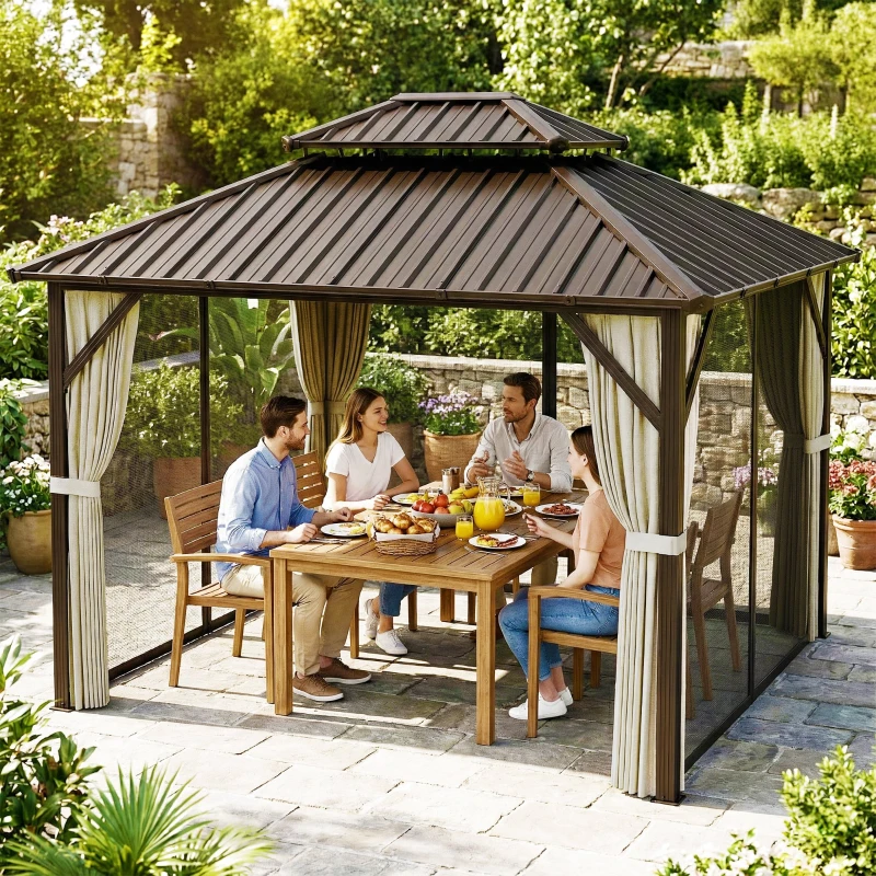 Outsunny 3x3.6 m Hardtop Gazebo Canopy with UPF50+ Double Galvanised Steel Roof, Aluminium Garden Gazebo Permanent Pavilion, Brown