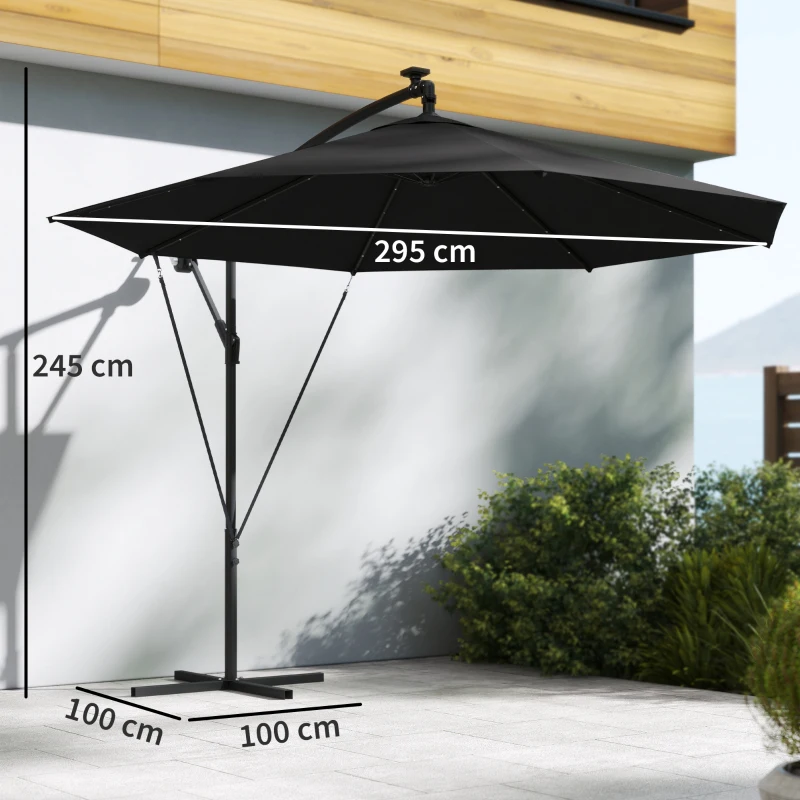 Outsunny 3 m Cantilever Parasol with Solar LED Lights Garden Umbrella with Cross Base, Black