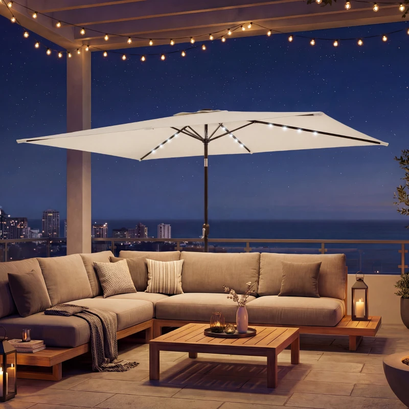 Outsunny Sombrilla de Jardín con 24 Luces LED Solares Dosel Inclinable Poste Metálico 2,9x2,5 m Crema
