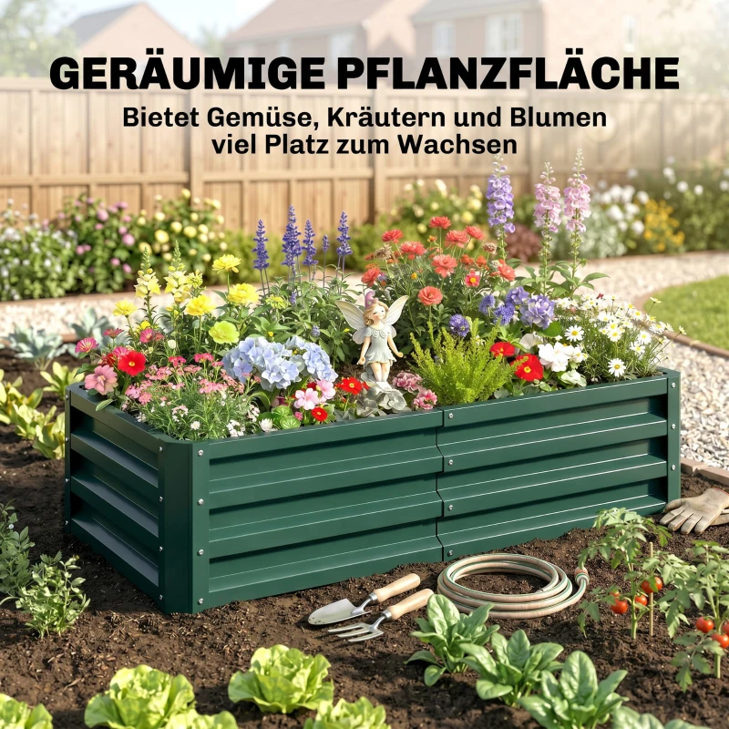 Outsunny Hoge plantenbak, weerbestendig, open bodem, verzinkt staal, 120 cm x 60 cm x 30,5 cm, Groen
