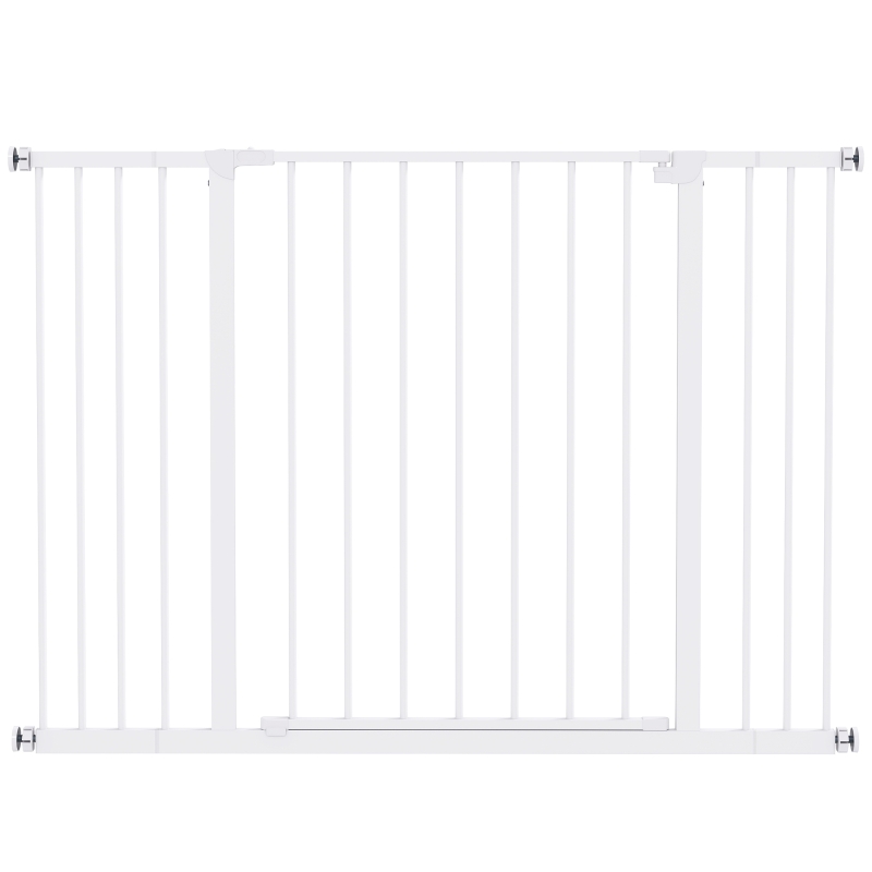 PawHut Barrera de Seguridad Extensible para Puertas y Escaleras para Perros y Bebé, Barrera para Mascotas, Ajuste a Presión, Apertura con Una Sola Mano, 2 Extensiones 15/10 cm, 76-107x76 cm, Blanco