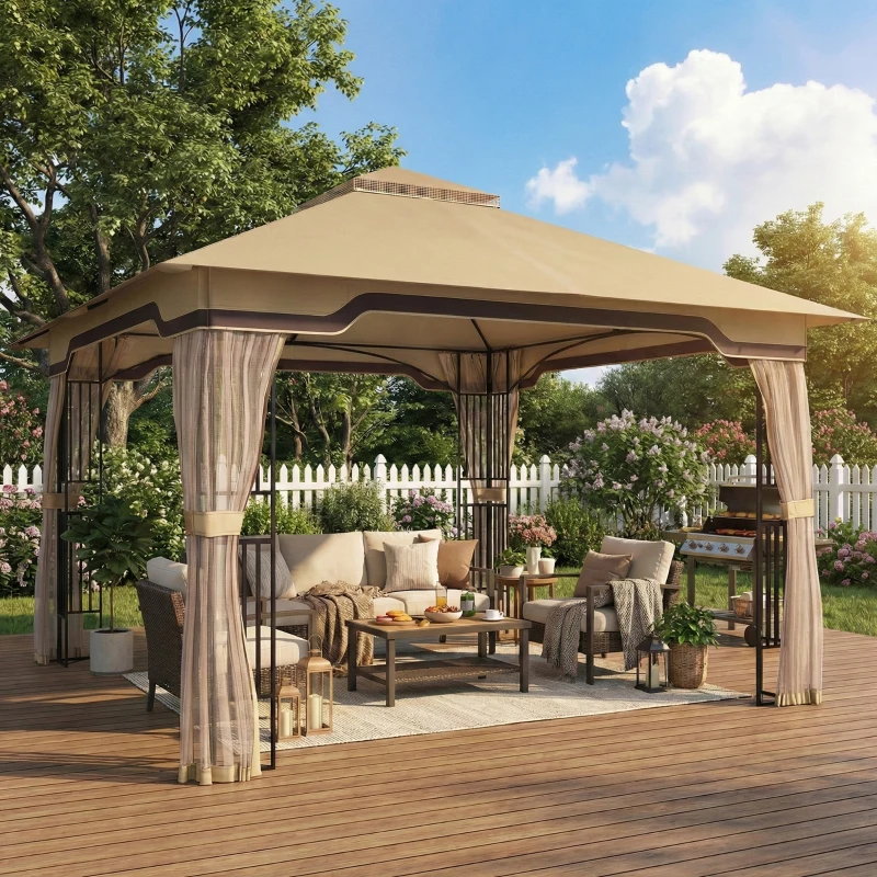 Outsunny 3.3 x 3.3 m Outdoor Garden Gazebo with Post Shelves, UPF50+ Patio Permanent Pavilion with Hook, Khaki