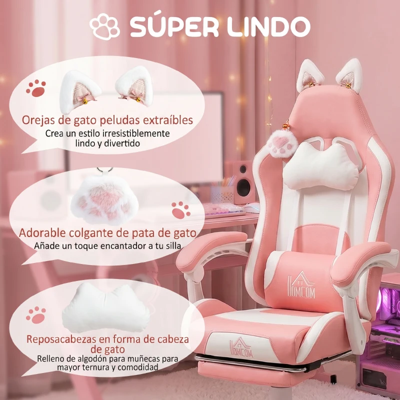 HOMCOM Silla Gamer Reclinable con Altura Ajustable Reposapiés Retráctil Soporte Lumbar y Reposacabezas Desmontable Rosa