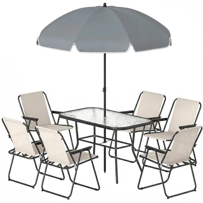 Outsunny 8 Piece Garden Dining Set with Umbrella Garden Furniture Set with 6 Folding Chairs, Tempered Glass Table for Patio Cream