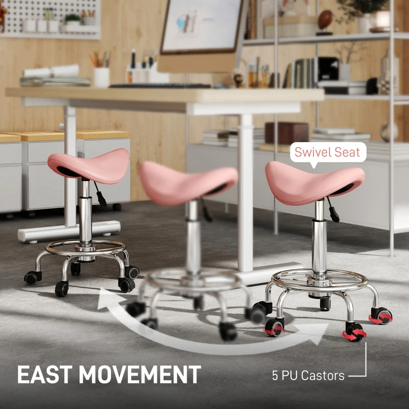 HOMCOM Salon Saddle Stool, Rolling Saddle Chair for Massage, Spa, Clinic, Beauty, Hairdressing and Tattoo, Pink