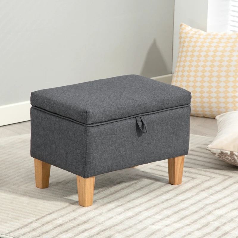 HOMCOM 16L Linen Storage Ottoman Padded Footstool with Rubberwood Legs for Storage Box, Bed End, Shoe Bench, Seating, Charcoal Grey