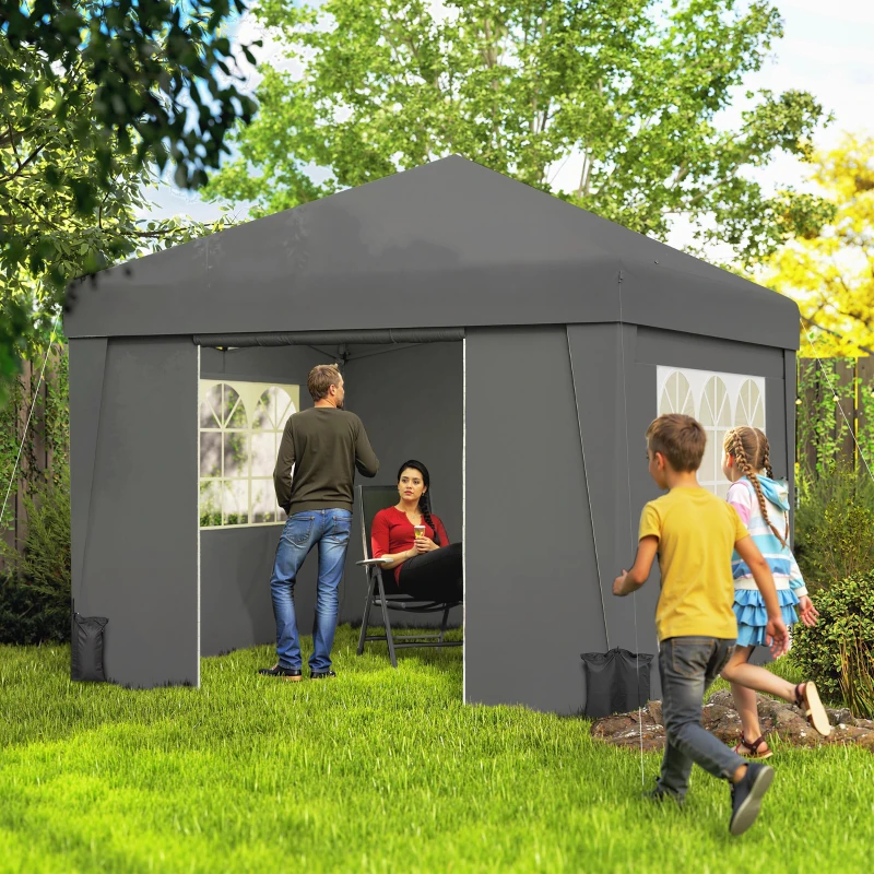 Outsunny Tonnelle de jardin pliante 3 x 3 x 2,75 m anti-UV 30 + avec fenêtres + parois latérales + sac de transport gris foncé