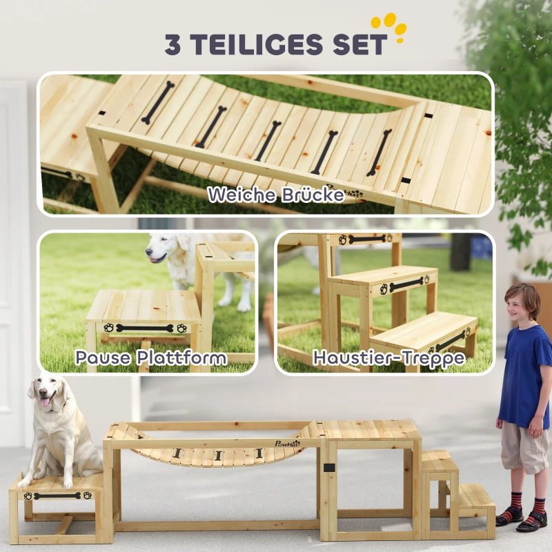 PawHut Agility-Set voor Honden, Trainingsopstelling met Brug, Trap, Platform, Sparrenhout, voor Grote Honden tot 40 kg