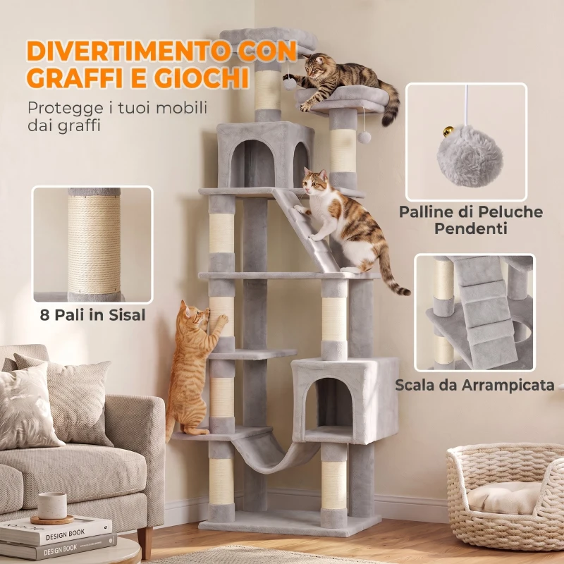PawHut Tiragraffi per Gatti Grande Alto 204 cm Multilivello, 8 Pali in Sisal, 2 Casette, Amaca, Grigio Chiaro