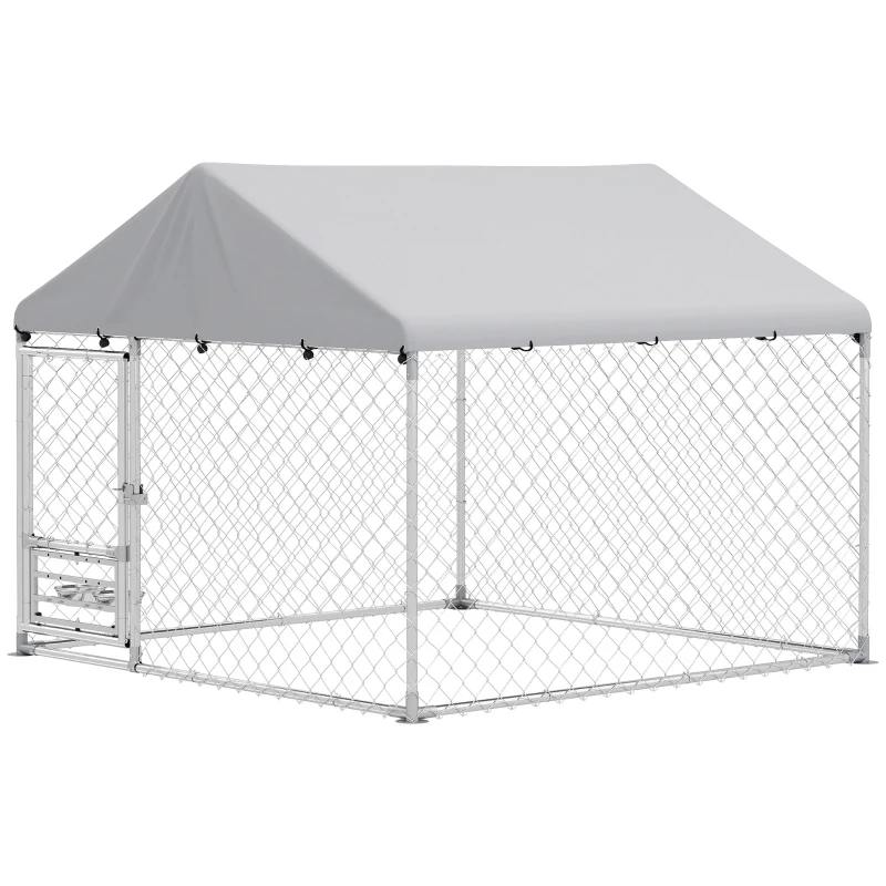 PawHut Perrera de Acero Galvanizado con Toldo Resistente y Estación de Alimentación para Perros 200x200x154 cm Plata