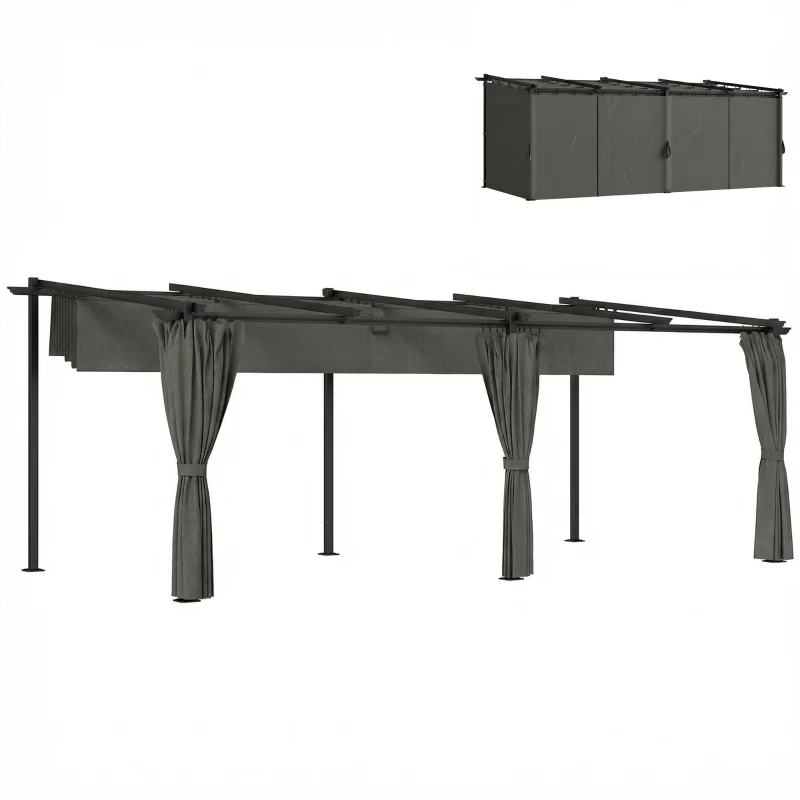 Outsunny Pergola rétractable avec rideaux latéraux, tonnelle de jardin en métal avec protection solaire UPF30+, gris foncé