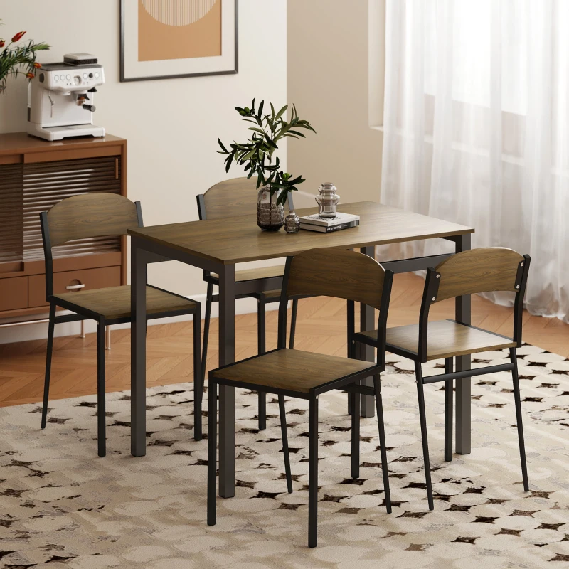 HOMCOM Conjunto de Mesa y 4 Sillas de Comedor para 4 Personas, Estilo Moderno con Estructura Metálica, Marrón Oscuro y Negro