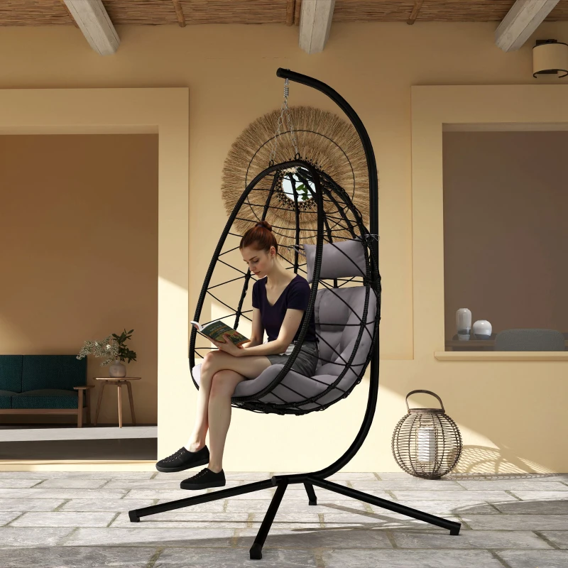Outsunny Silla Colgante Huevo con Soporte con Cesta Plegable Cojín y Reposacabezas para Interior y Exterior Carga 120 kg Gris