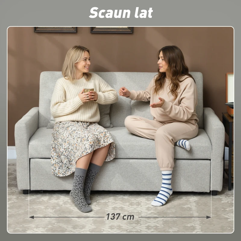 HOMCOM Canapea de 2 Locuri Convertibilă în Pat Clic Clac cu 2 Perne din Material Textil, Maro Deschis