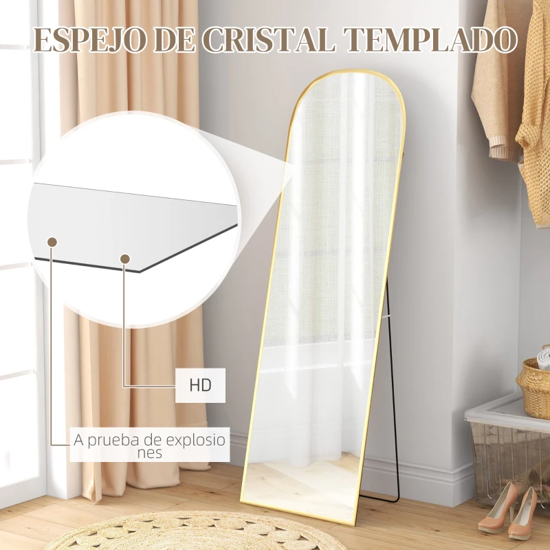 HOMCOM Espejo de Cuerpo Entero 50x170 cm Independiente o Pared con Marco de Aleación de Aluminio y Soporte Dorado