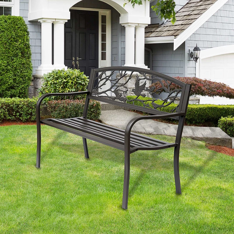 Outsunny Banco de Jardín con Apoyabrazos y Respaldo con Imagen de Pájaros Carga 240 kg para Patio Terraza 127x60x85 cm Marrón
