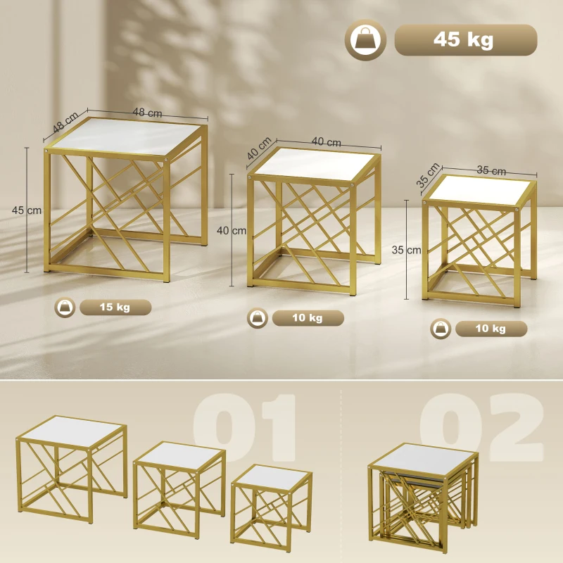 HOMCOM Nesting Coffee Tables, Set of 3 Square Side Tables with Gold Metal Frame, for Living Room, Bedroom and Office, White
