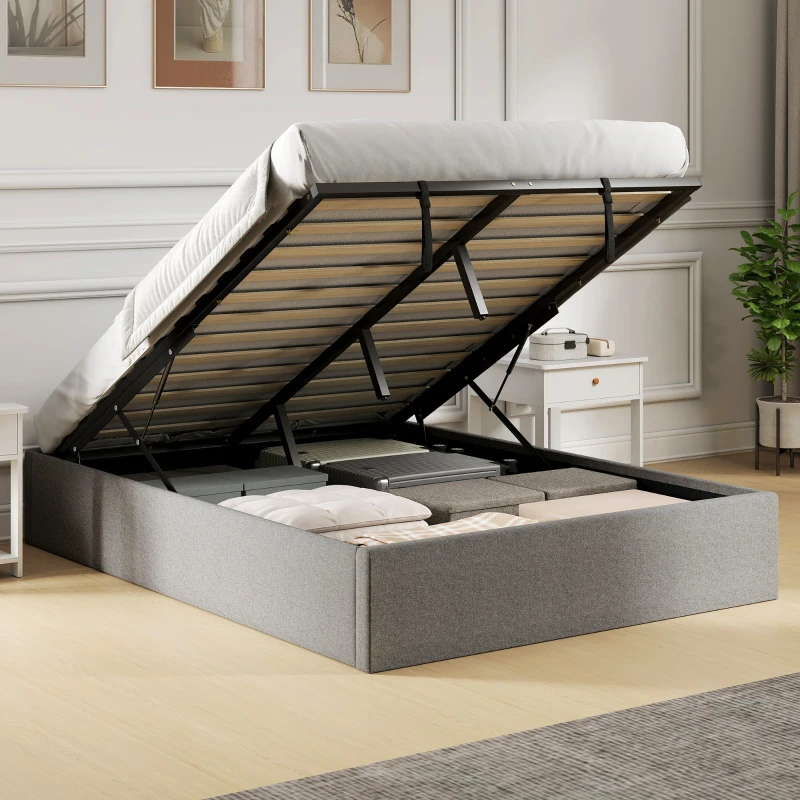 HOMCOM Lit coffre 140 x 190 cm, cadre de lit double rembourré, sommier à lattes en bois, rangement caché, sans bruit, gris