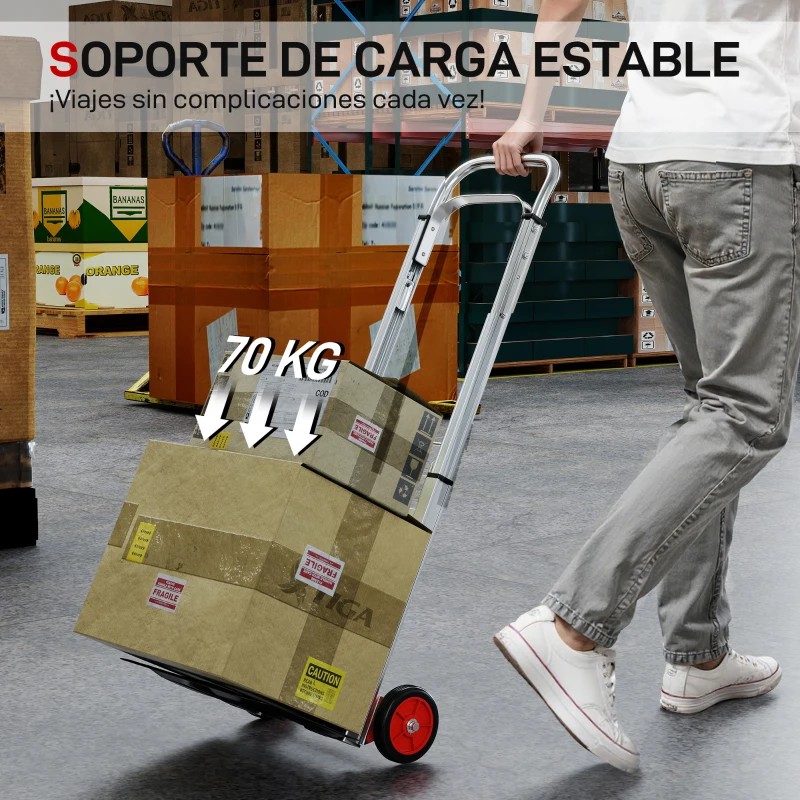 HOMCOM Carretilla de Mano Plegable de Aluminio Carga 90 kg con Ruedas Mango Telescópico Ajustable 40x41x108 cm Plata y Negro