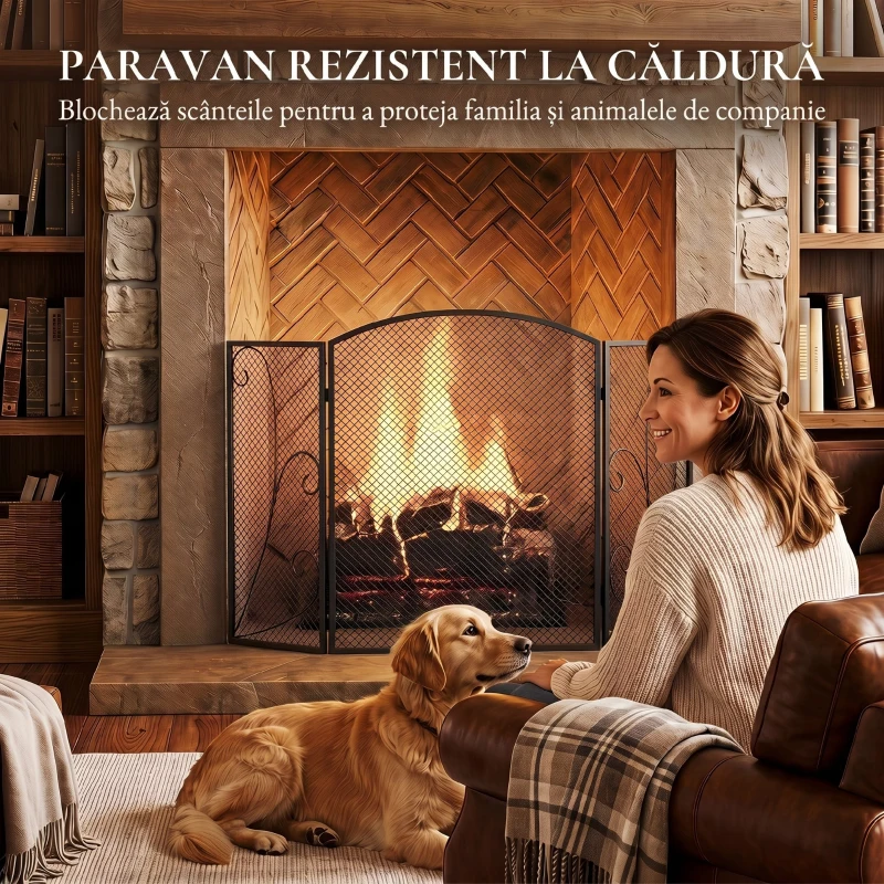 HOMCOM Parascântei Șemineu Pliabil 3 Panouri Metal Electrostatic, Gata Utilizare, 133x1x77cm, Negru