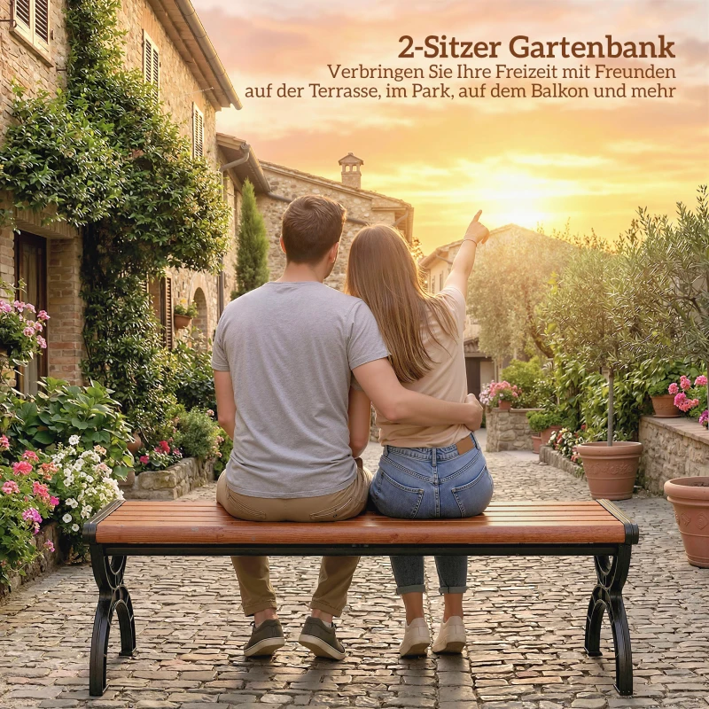 Outsunny Gartenbank 2-Sitzer, Outdoor Sitzbank mit Metallrahmen und Latten-Sitz, Terrassenmöbel für Garten und Terrasse