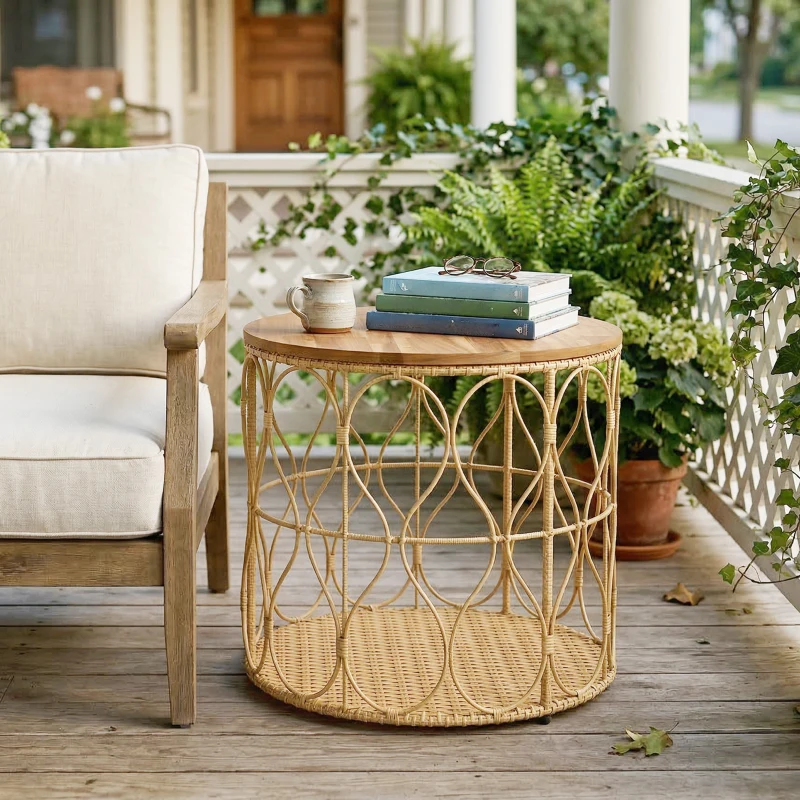Outsunny Bijzettafel Ø50 cm weerbestendig Tuintafel met rotanlook Acaciahouten tafelblad verstelbare voetjes Teak