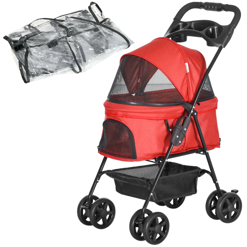 PawHut Dog Stroller with Rain Cover, Dog Pushchair One-Click Fold Trolley Jogger with EVA Wheels Brake Basket Adjustable Canopy Safety Leash for Small Dogs, Red