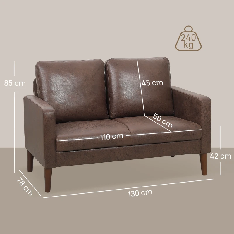 HOMCOM Canapea modernă cu 2 locuri, tapițerie din material textil cu aspect de piele respirabilă și picioare din lemn, 130x78x85 cm, maro închis